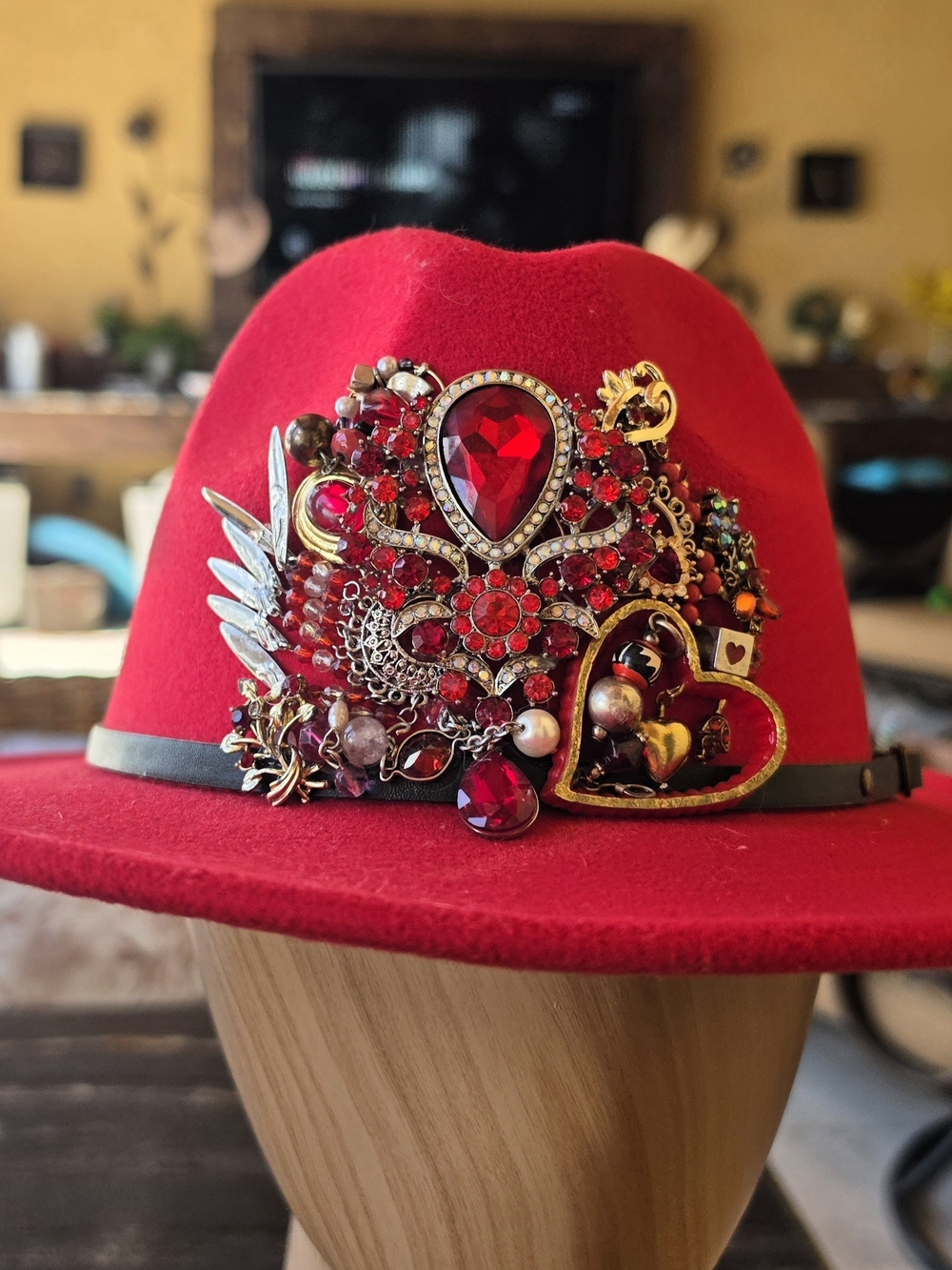 Red Embellished Fedora Hat with Vintage Jewlery Accents